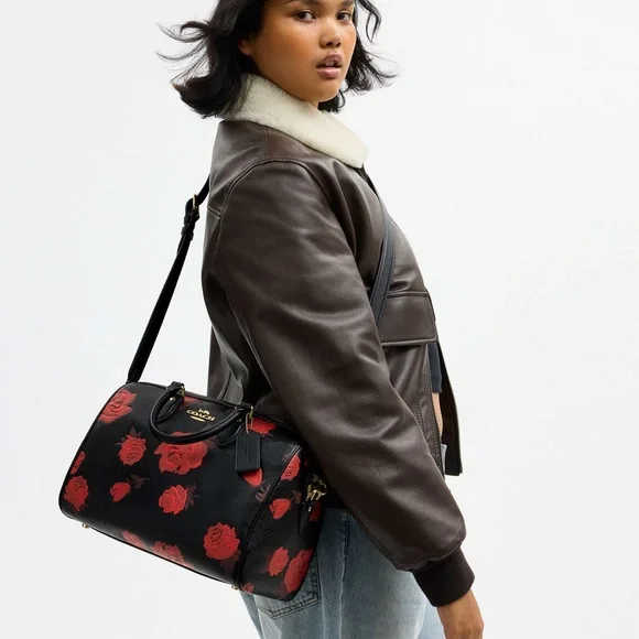 Coach Rowan Large Satchel Bag With Floral Print CCE27 in Black/Red - Picture 4 of 15